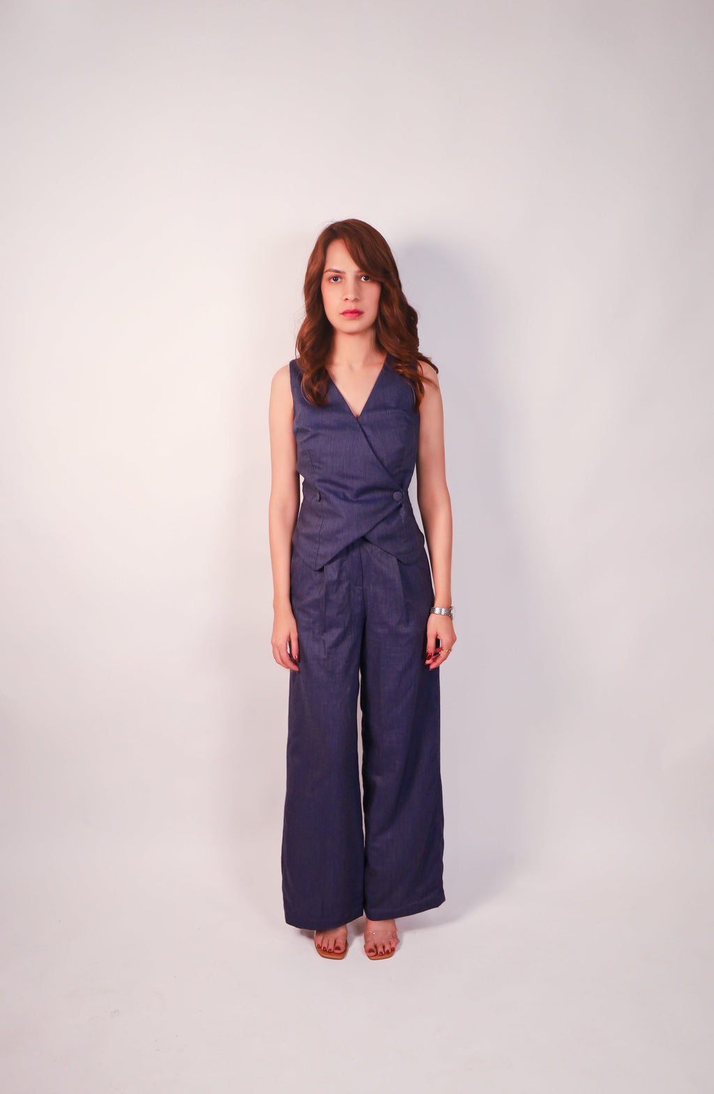 Premium breathable women’s workwear trousers in chambray blue front view