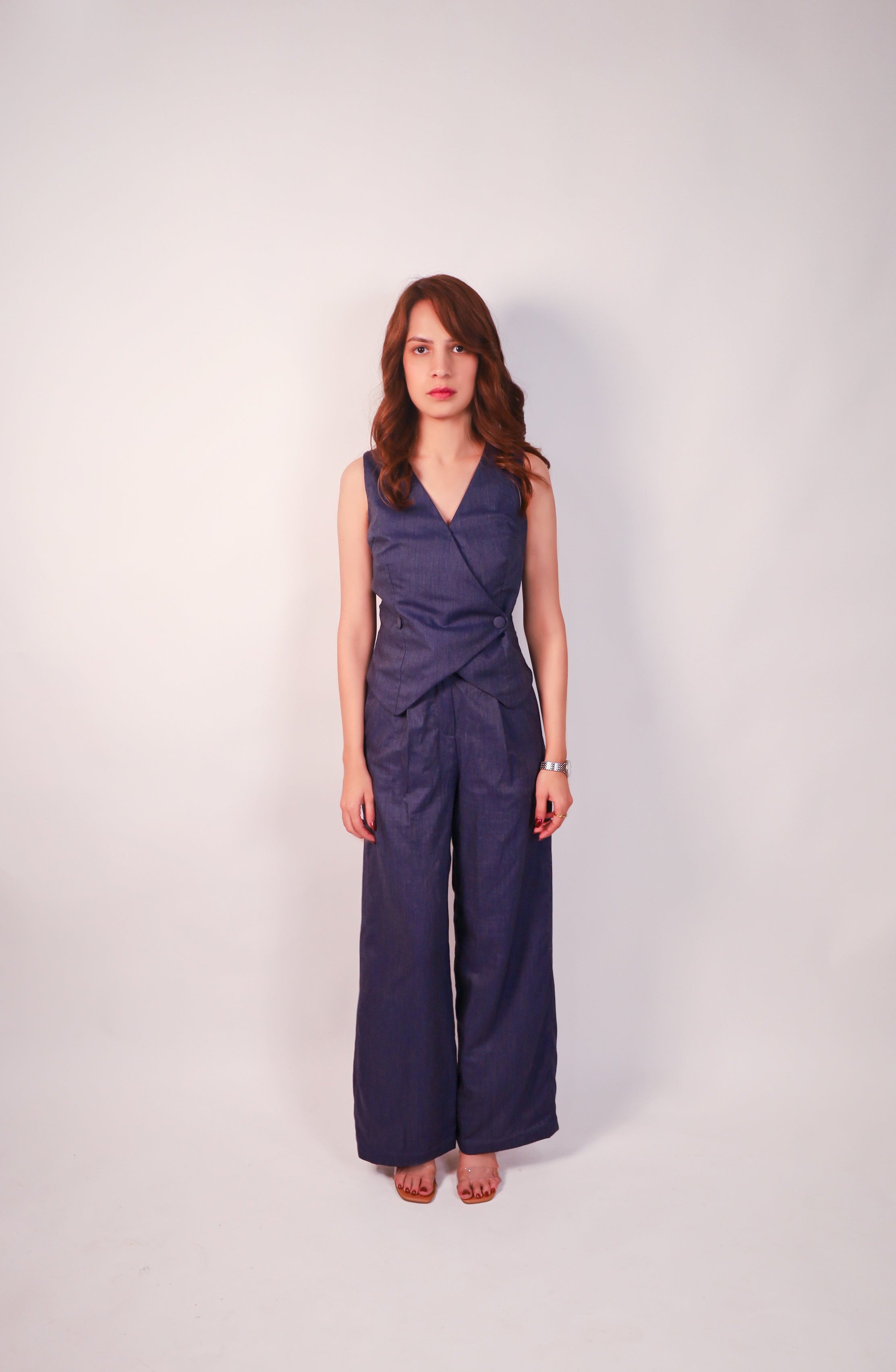 Premium breathable women’s workwear trousers in chambray blue front view
